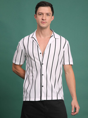 Voroxy Men Striped Casual White, Black Shirt