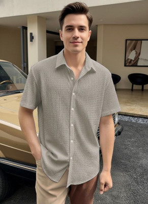 Leriya Fashion Men Self Design Casual Beige Shirt