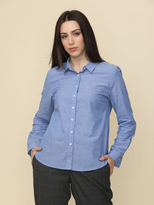 Wearhouse Women Solid Formal Blue Shirt