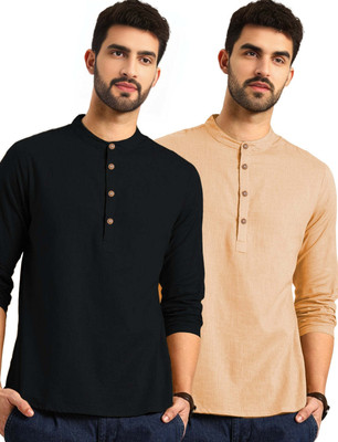 Navkanj Men Solid Asymmetric Kurta(Orange)