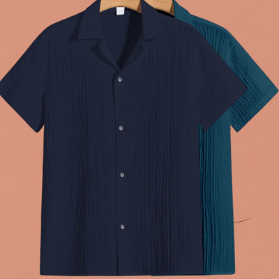 Looksky Men Self Design, Solid Casual Dark Blue, Blue Shirt(Pack of 2)