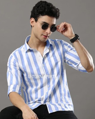 U TURN Men Striped Casual Blue Shirt