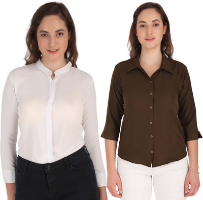 Miranga Women Solid Casual Brown, White Shirt(Pack of 2)