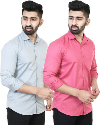 Feel high Men Solid Casual Pink, Grey Shirt(Pack of 2)