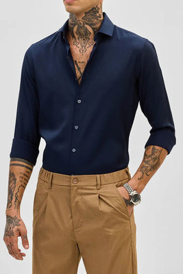 SOPARK Men Solid Casual Dark Blue Shirt