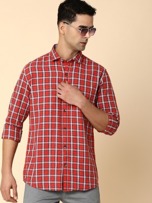 V-MART Men Checkered Casual Orange Shirt