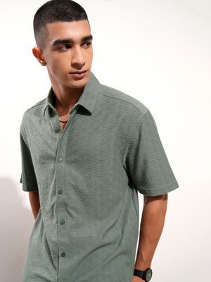 HIGHLANDER Men Self Design Casual Green Shirt