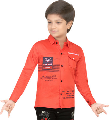 FASHION GRAB Boys Printed Casual Orange Shirt