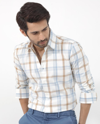 RARE RABBIT Men Checkered Casual Light Blue, Brown, White Shirt