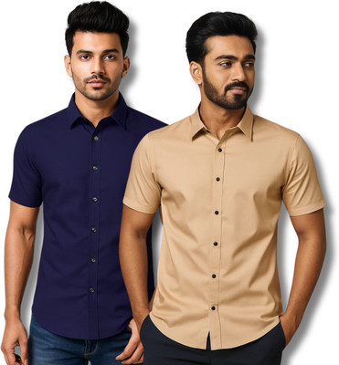 RAREMARK Men Solid Formal Dark Blue, Beige Shirt(Pack of 2)