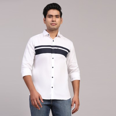 NOWT Men Striped Casual White, Dark Blue Shirt