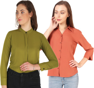 Miranga Women Solid Casual Orange, Green Shirt(Pack of 2)