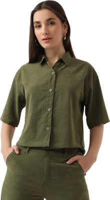 Kraus Jeans Women Solid Casual Light Green Shirt