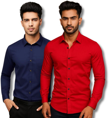 CROWNTAIL Men Solid Casual Dark Blue, Red Shirt(Pack of 2)