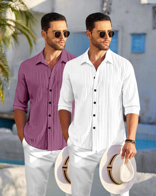 HEMAS LIFESTYLE Men Self Design Casual Pink, White Shirt(Pack of 2)