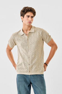 Snitch Men Self Design Casual Beige Shirt