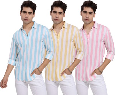 FINIVO FASHION Men Striped Casual Light Blue, Yellow, Pink Shirt(Pack of 3)