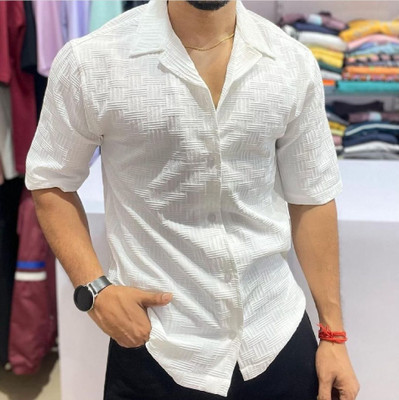 SHOOLIN Men Self Design Casual White Shirt