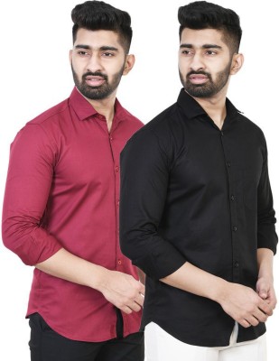 BLUE MARTIN Men Solid Casual Maroon, Black Shirt(Pack of 2)