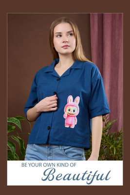 VAVA Creation Women Printed Casual Dark Blue Shirt