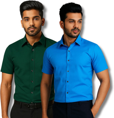RAREMARK Men Solid Formal Green, Blue Shirt(Pack of 2)