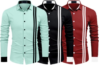 ROYAL SCOUT Men Striped Casual Light Green, Black, Red Shirt(Pack of 3)