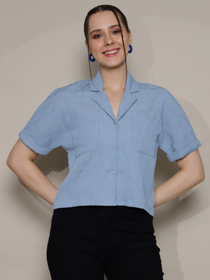 AA-HA! Women Solid Casual Light Blue Shirt