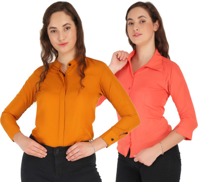 Miranga Women Solid Casual Orange, Pink Shirt(Pack of 2)