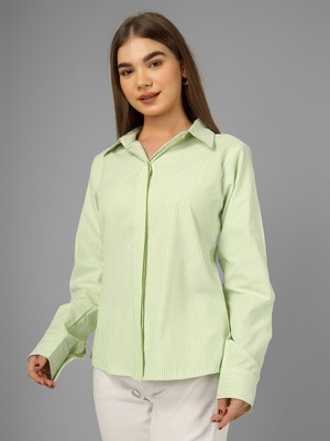 Yunic29 Women Striped Casual Green Shirt