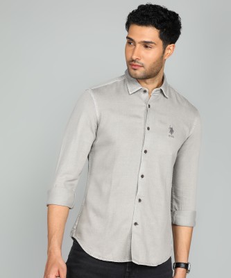 U.S. POLO ASSN. Men Self Design Casual Grey Shirt