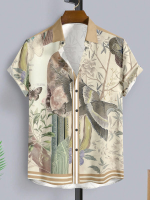 flying queen Men Animal Print Casual Brown Shirt