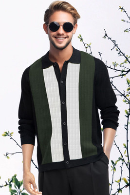 TRIPR Men Striped, Color Block Casual Black, Green, White Shirt