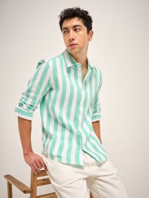 THE BEAR HOUSE Men Striped Casual Green Shirt