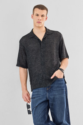 Snitch Men Self Design Casual Black Shirt