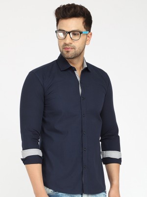 ZOMBOM Men Solid Casual Dark Blue Shirt