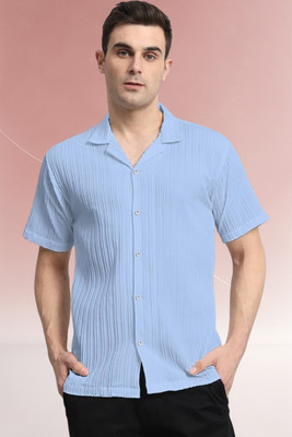 A DEEMOON TREND Men Self Design Casual Light Blue Shirt