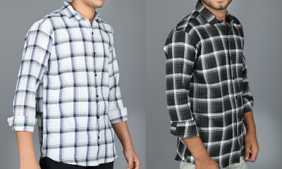 Tanip Men Checkered Casual Black, Dark Blue, White Shirt(Pack of 2)