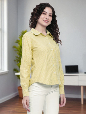 FUBACK Women Striped Casual Yellow Shirt