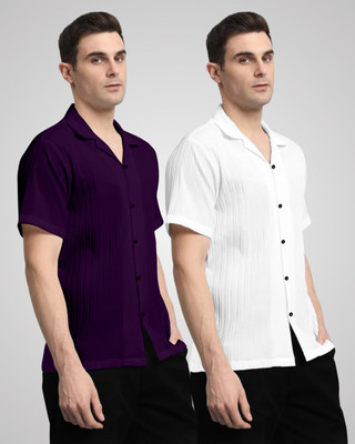HEMAS LIFESTYLE Men Self Design Casual Purple, White Shirt(Pack of 2)