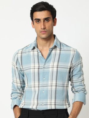 RARE RABBIT Men Checkered Casual Blue Shirt