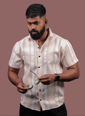 Viradha Men Striped Casual Orange, White Shirt