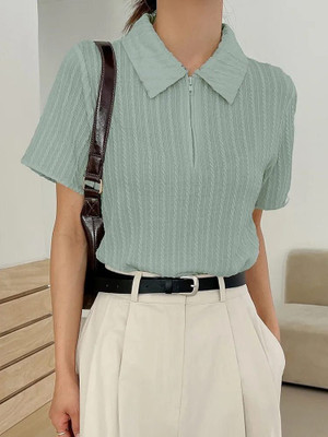 StreetWardrobe Women Self Design Casual Green Shirt