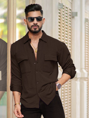 MANIAC Men Self Design Casual Brown Shirt
