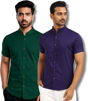 COTTONCHHAP Men Solid Casual Green, Dark Blue Shirt(Pack of 2)