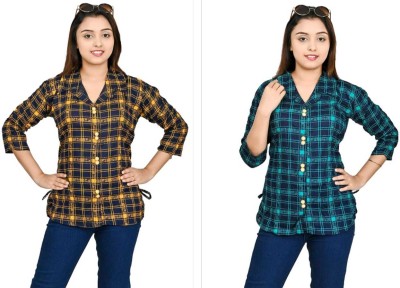 LAVASCREATION Women Printed, Self Design Casual Blue, Yellow Shirt(Pack of 2)