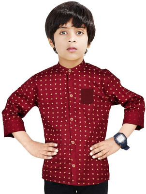 Paper Crane Boys Printed Casual Maroon Shirt