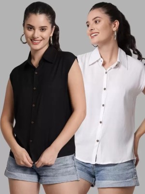 RIJHARI Women Solid Casual Black, White Shirt(Pack of 2)