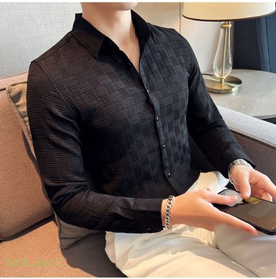 k j fashion Men Self Design Casual Black Shirt