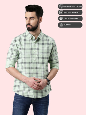 METRONAUT Men Checkered Casual Light Green Shirt
