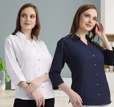 Prieto Women Solid Formal Blue, White Shirt(Pack of 2)